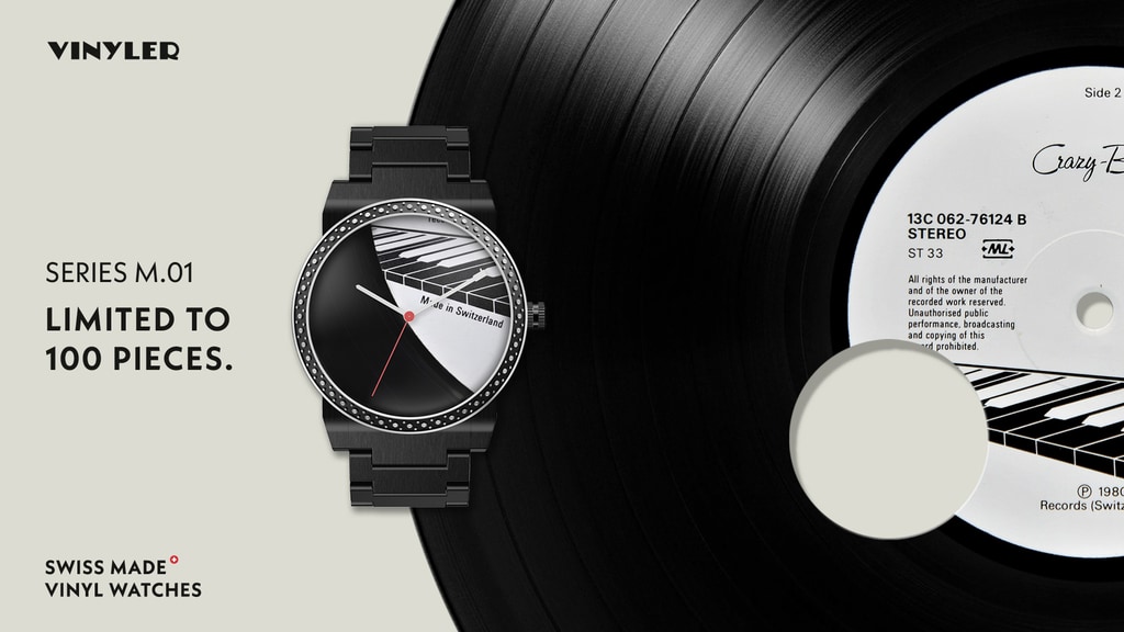 Vinyler watch with dial cut from a vinyl record